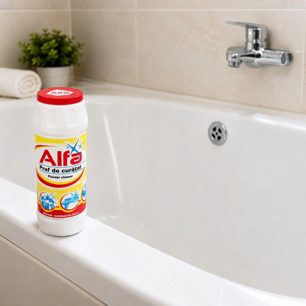 Praf de curatat Alfa 500 g, detergent abraziv pentru baie, bucatarie si suprafete dure, indeparteaza murdaria, grasimea si petele dificile [4]
