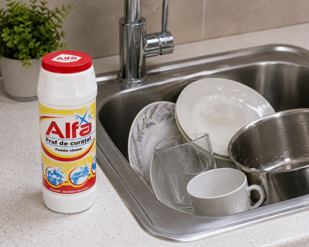 Praf de curatat Alfa 500 g, detergent abraziv pentru baie, bucatarie si suprafete dure, indeparteaza murdaria, grasimea si petele dificile [5]