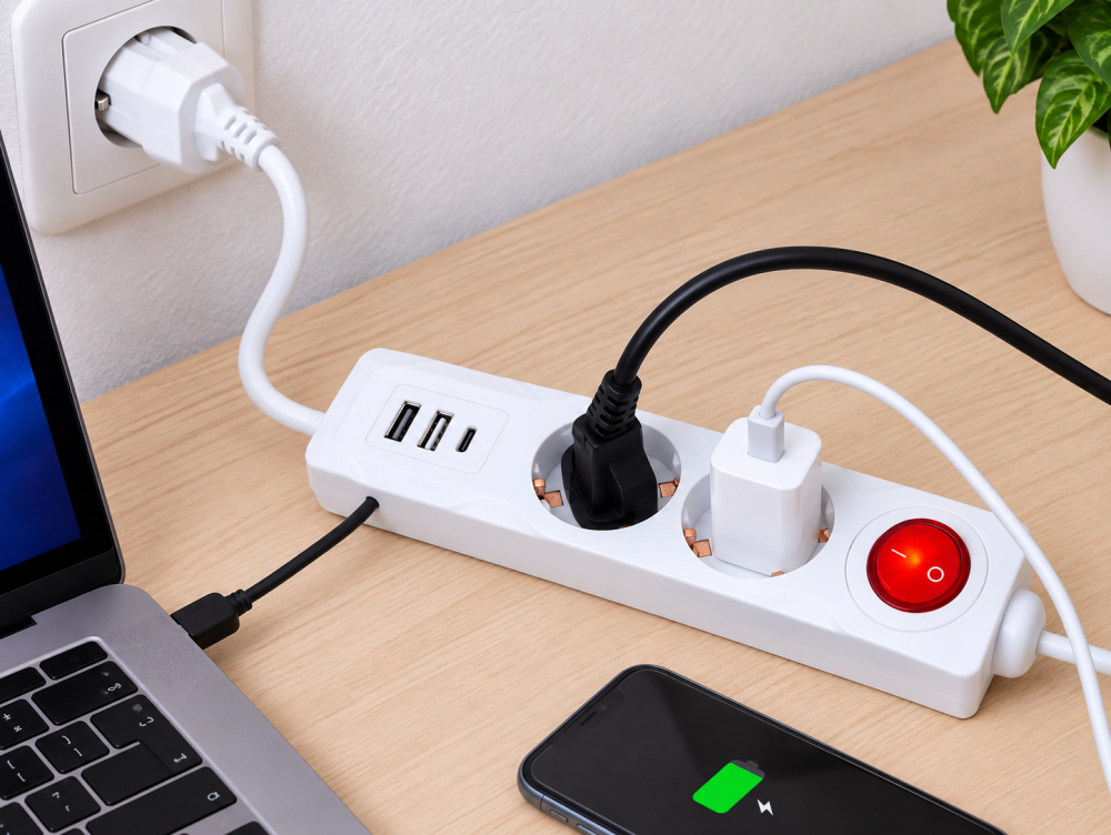 Prelungitor alb 1,5 m cu 2 prize Schuko, 2 porturi USB-A si 1 port USB-C, intrerupator ON/OFF [4]