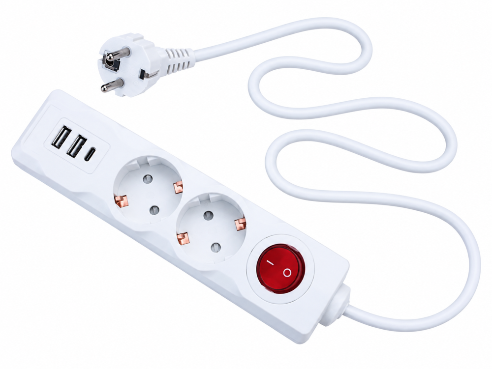 Prelungitor alb 1,5 m cu 2 prize Schuko, 2 porturi USB-A si 1 port USB-C, intrerupator ON/OFF [3]