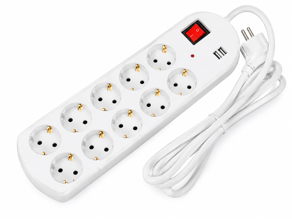 Prelungitor alb 10 m, cablu 3x2.5 mm2, 10 prize Schuko cu impamantare, 2 porturi USB si intrerupator ON/OFF [2]