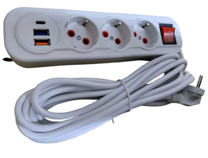 Prelungitor Electric Alb 5 m, 3 Prize Schuko, 2 Porturi USB + 1 Port USB Type-C, Intrerupator ON/OFF, Cablu Prelungitor pentru Casa si Birou [2]