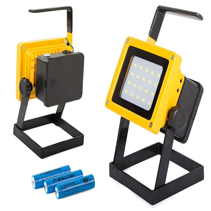 Proiector LED portabil cu halogen, 36W, 2400lm, 3 moduri iluminare, cu 3 baterii 18650 incluse, incarcare retea si auto, IP65, maner detasabil, ideal pentru atelier, camping si portbagaj, galben-negru [2]