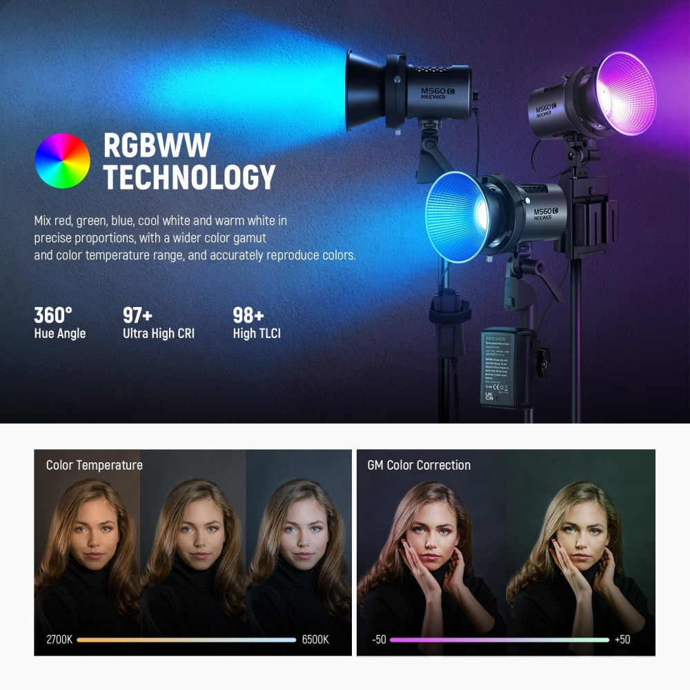 Proiector profesional LED, RGB Neewer MS60C, putere 65W, temperatura culoare 2700-6500K, baterii si incarcator incluse [4]