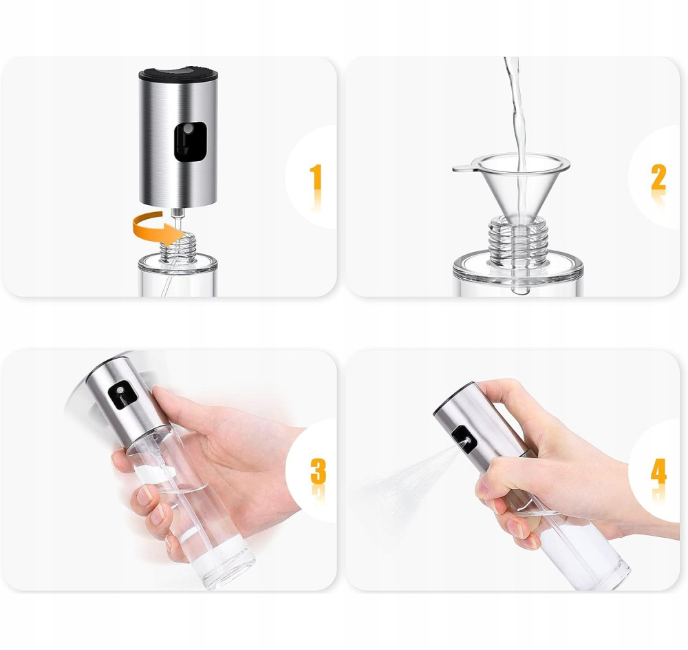 Pulverizator spray pentru ulei, otet, reutilizabil, din sticla/otel inoxidabil, capacitate 100 ml, 18 x 4 cm, argintiu [7]