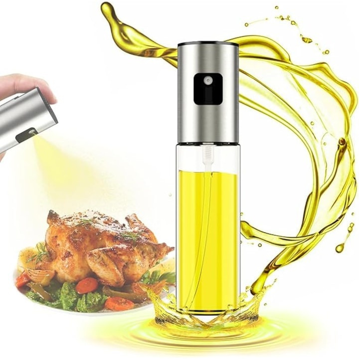 Pulverizator spray pentru ulei, otet, reutilizabil, din sticla/otel inoxidabil, capacitate 100 ml, 18 x 4 cm, argintiu [2]