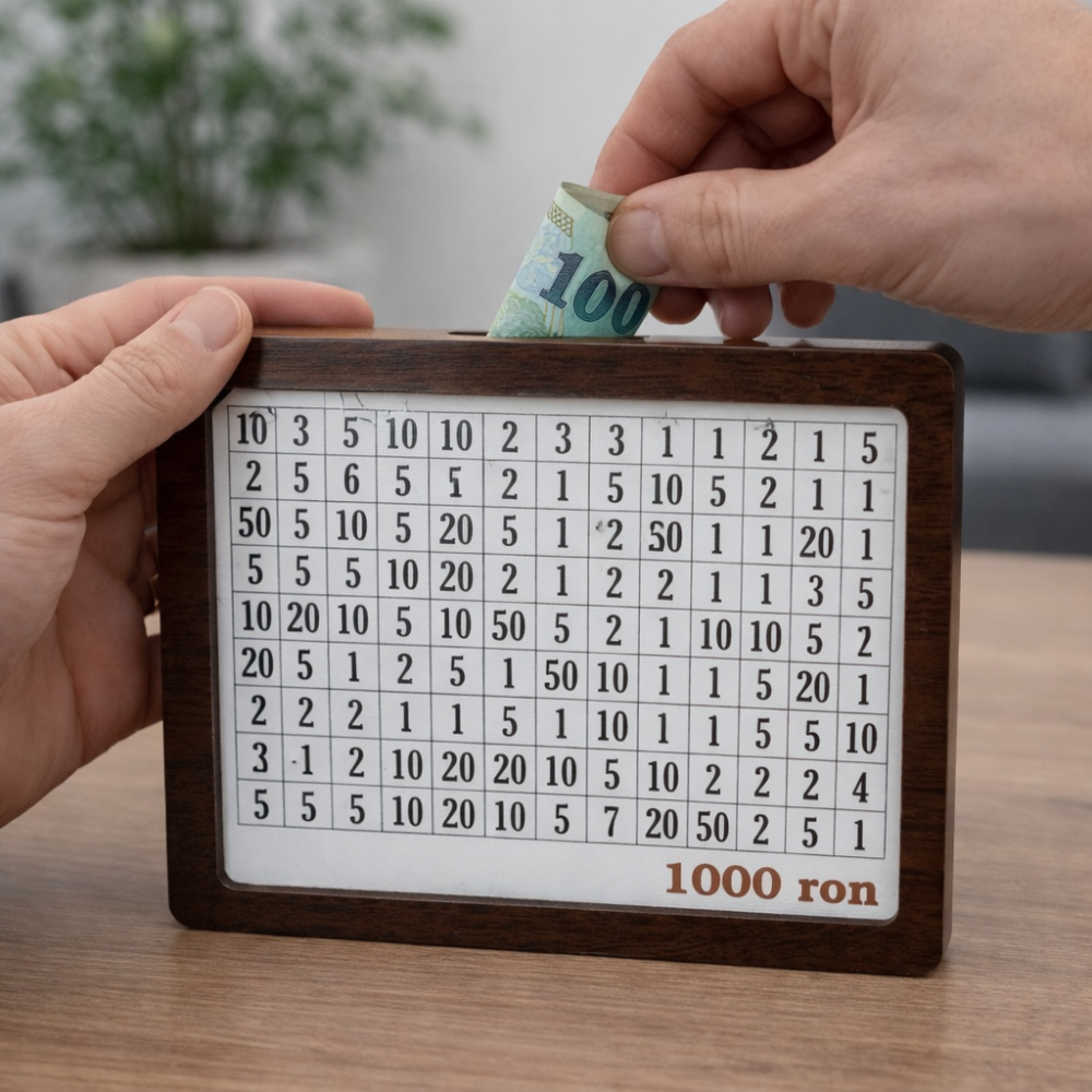 Pusculita economii 1000 RON din lemn, cutie bani cu grila urmarire, provocare economisire, 20x9x14.5 cm [4]