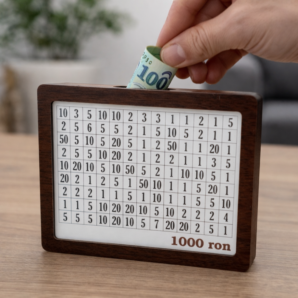 Pusculita economii 1000 RON din lemn, cutie bani cu grila urmarire, provocare economisire, 20x9x14.5 cm [3]