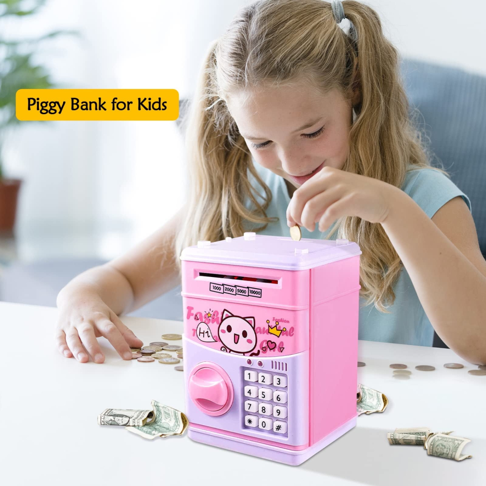 Pusculita electronica pentru copii, model pisica, tip ATM cu cod PIN, lumini si sunete, economisire bani, roz, 16 x 11 x 10 cm [4]