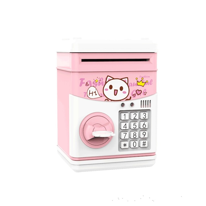 Pusculita electronica pentru copii, model pisica, tip ATM cu cod PIN, lumini si sunete, economisire bani, roz, 16 x 11 x 10 cm [8]