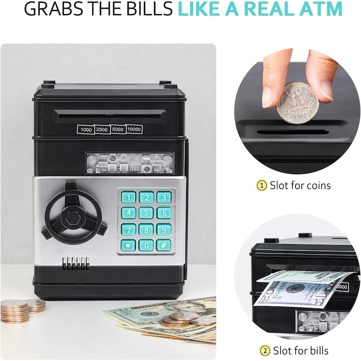 Pusculita interactiva pentru copii, tip seif metalic, cu parola, efecte luminoase si sonore, alimentare automata a bancnotelor, capacitate mare, negru inchis – jucarie educativa pentru economisire [7]