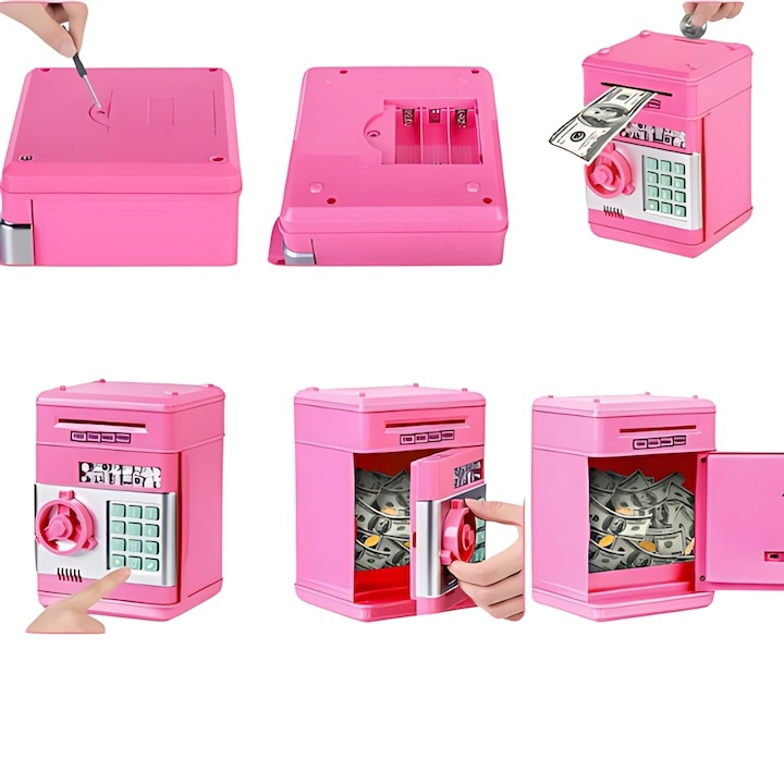 Pusculita interactiva tip bancomat cu PIN, cu efecte sonore si luminoase, roz, jucarie educativ-interactiva pentru economisire si gestionarea banilor pentru copii [4]