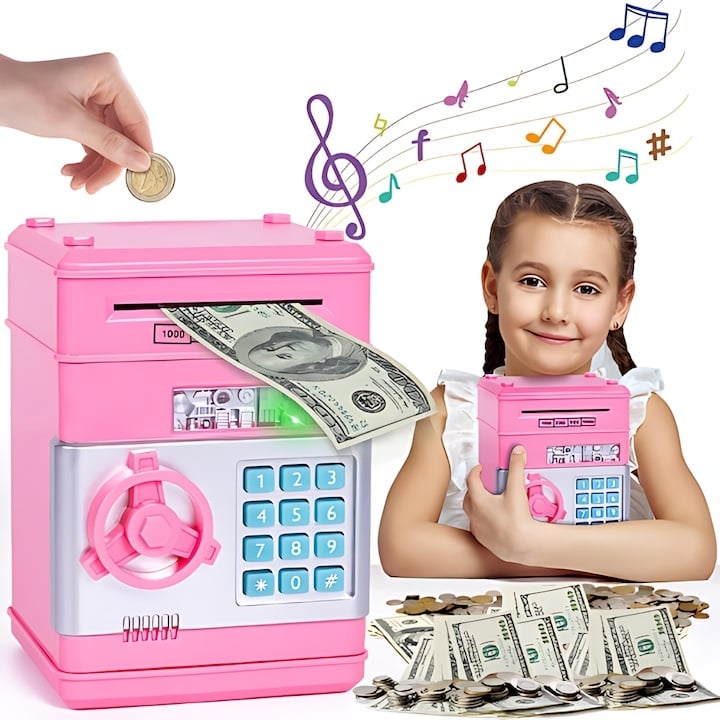 Pusculita interactiva tip bancomat cu PIN, cu efecte sonore si luminoase, roz, jucarie educativ-interactiva pentru economisire si gestionarea banilor pentru copii [6]