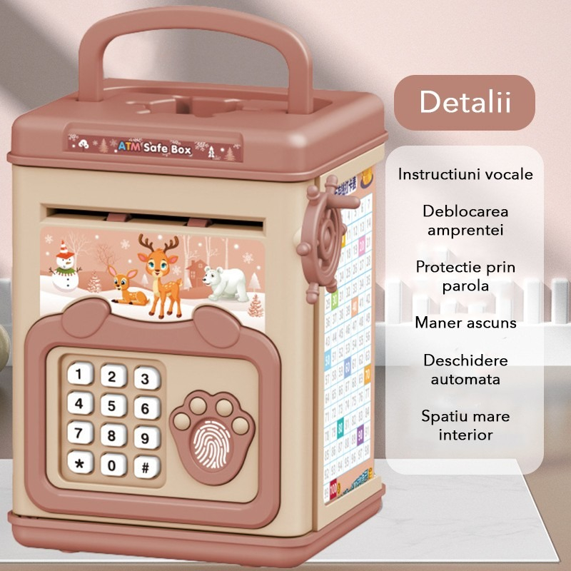 Pusculita pentru copii tip ATM Smart Box, cu efecte sonore si sistem cu parola si amprenta, pentru economii interactive, din plastic [2]