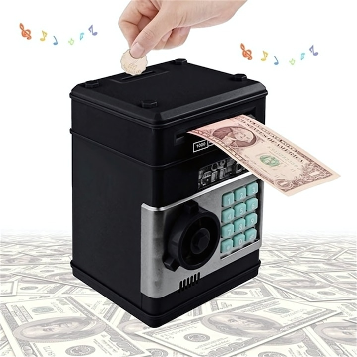 Pusculita tip bancomat cu pin si efecte sonore, model negru, jucarie educativ-interactiva pentru gestionarea banilor, dezvoltare financiara pentru copii [2]