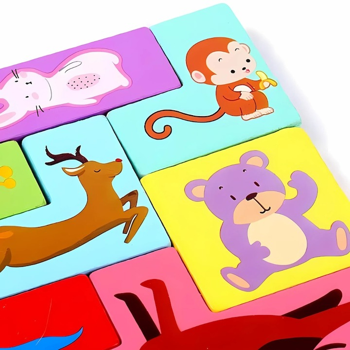 Puzzle 3D pentru copii, tip tetris, model animale, educativ, lemn, 7 piese, 16 x 13.5 x 1 cm, multicolor, +4 ani [4]