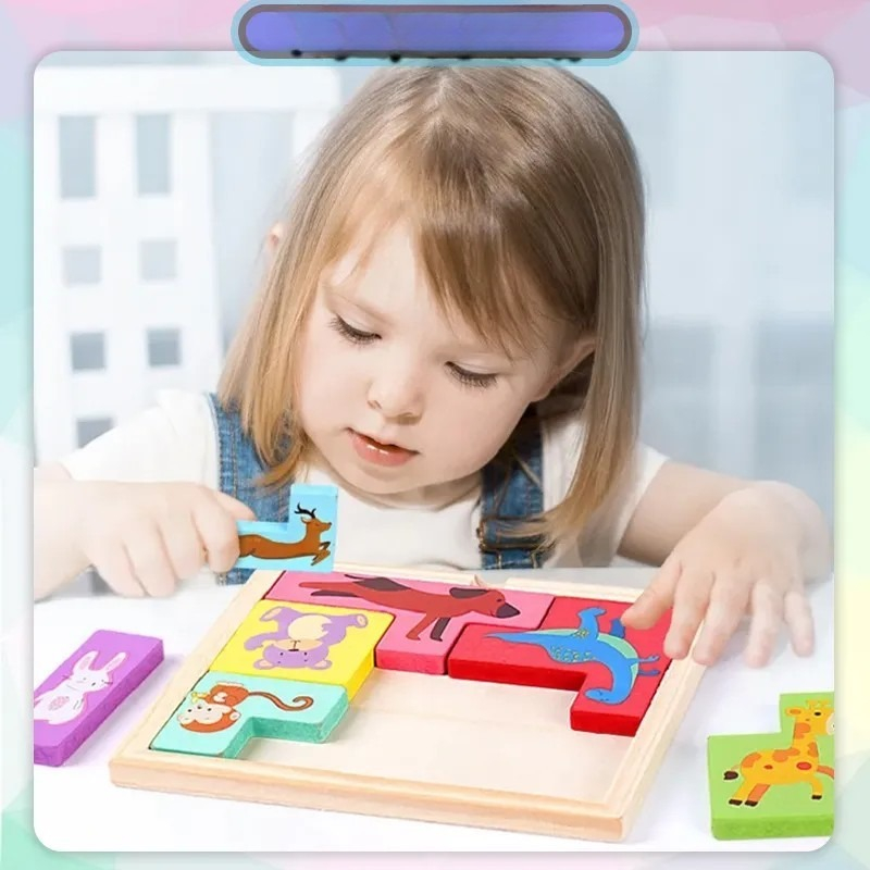 Puzzle 3D pentru copii, tip tetris, model animale, educativ, lemn, 7 piese, 16 x 13.5 x 1 cm, multicolor, +4 ani [9]