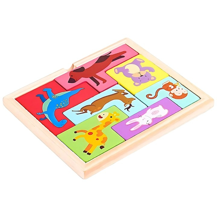 Puzzle 3D pentru copii, tip tetris, model animale, educativ, lemn, 7 piese, 16 x 13.5 x 1 cm, multicolor, +4 ani [5]