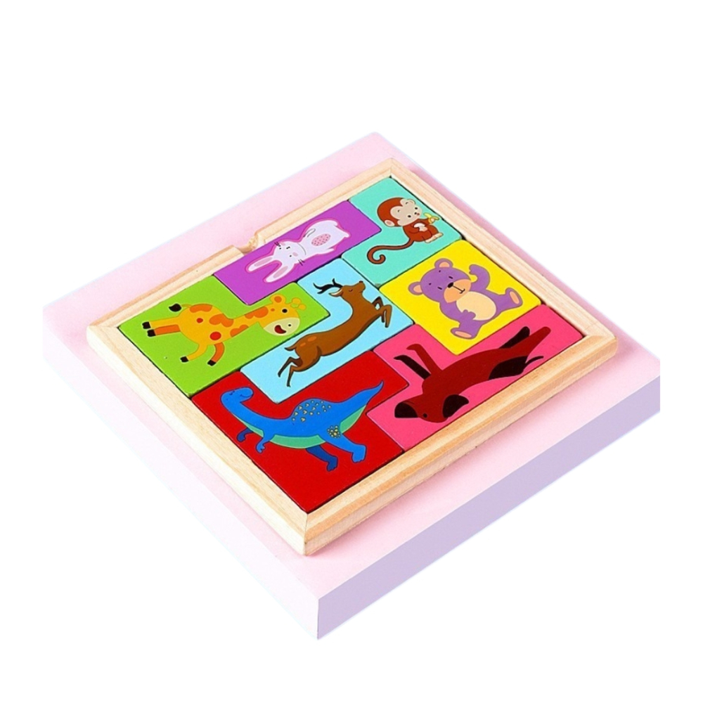 Puzzle 3D pentru copii, tip tetris, model animale, educativ, lemn, 7 piese, 16 x 13.5 x 1 cm, multicolor, +4 ani [1]