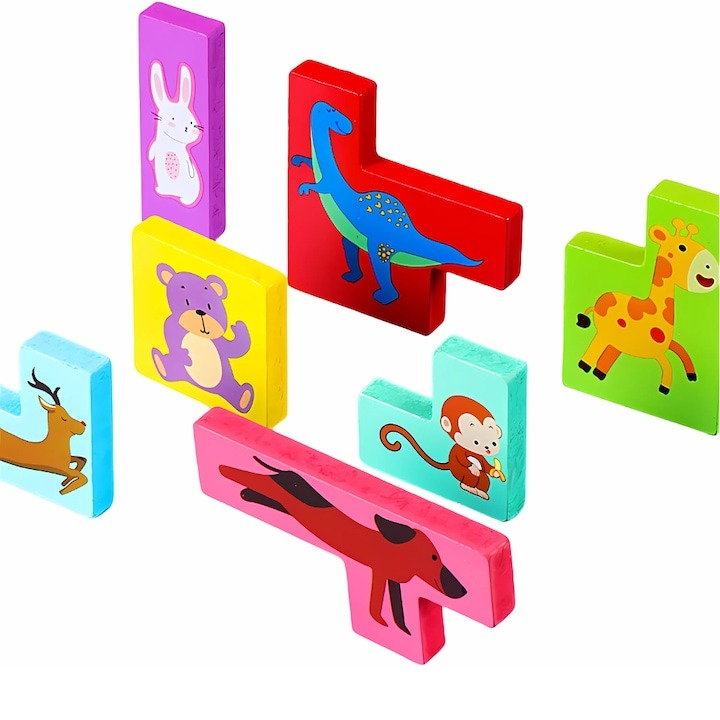 Puzzle 3D pentru copii, tip tetris, model animale, educativ, lemn, 7 piese, 16 x 13.5 x 1 cm, multicolor, +4 ani [2]