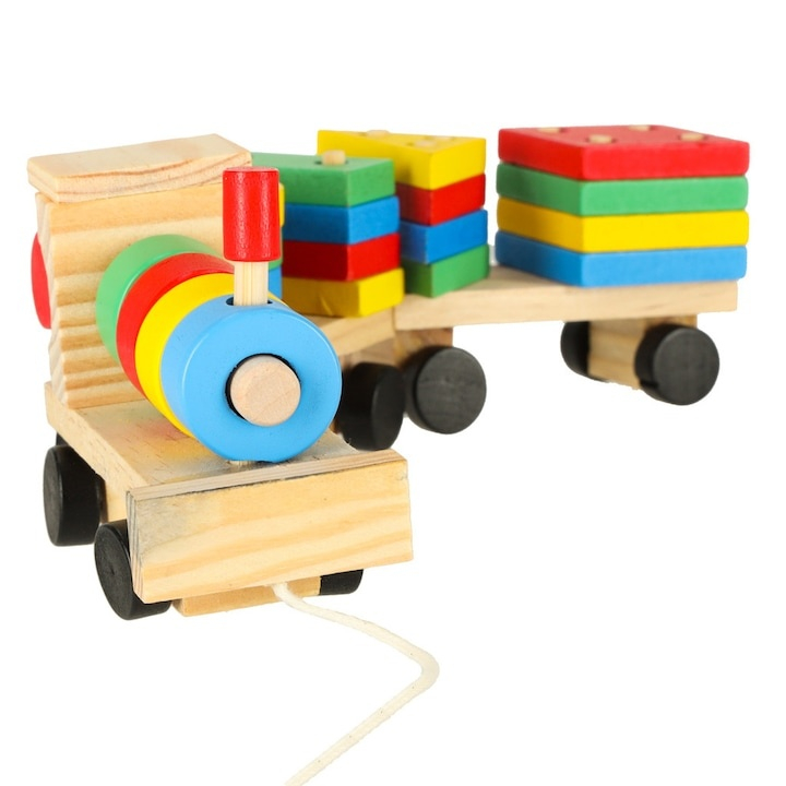 Puzzle din lemn cu locomotiva si 2 vagoane, blocuri colorate pentru invatarea formelor si culorilor, jucarie educativa pentru copii 3+, dezvoltare logica si dexteritate [7]