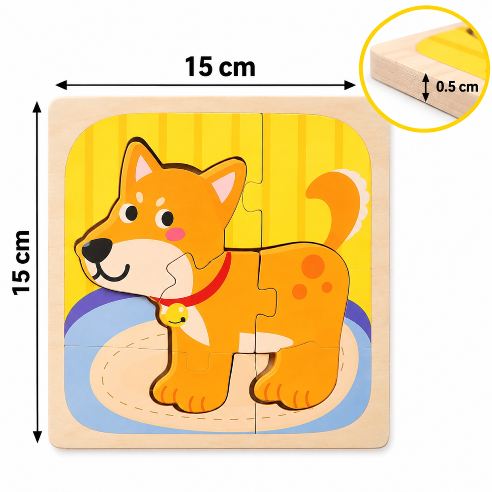Puzzle din lemn multicolor 15 x 15 x 0,5 cm cu catelus, joc educativ cu piese detasabile [2]