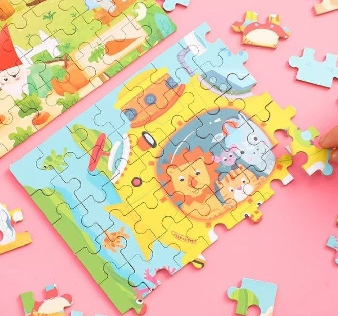 Puzzle din lemn multicolor 22.5 x 13.5 cm, 60 piese, model submarin cu animale, joc educativ pentru copii, dezvoltarea atentiei si coordonarii [4]