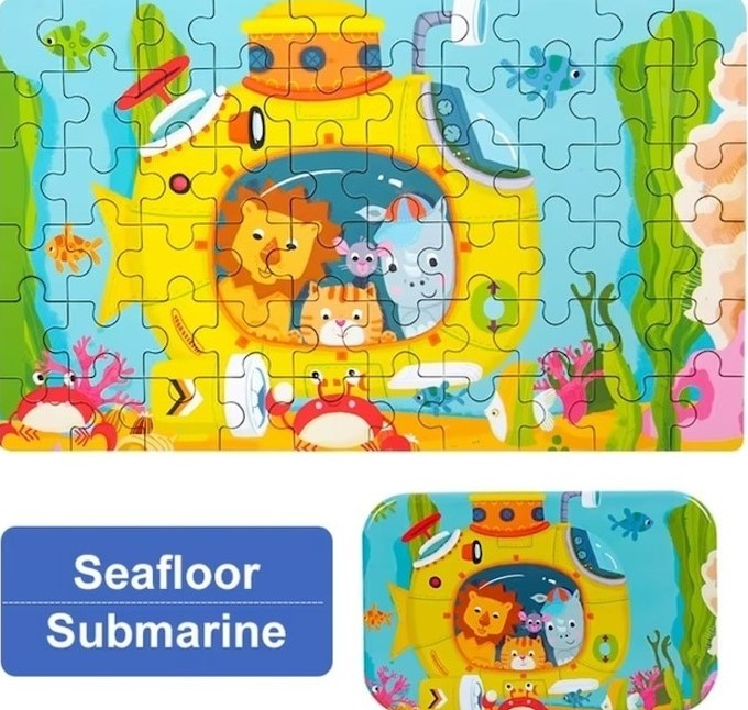 Puzzle din lemn multicolor 22.5 x 13.5 cm, 60 piese, model submarin cu animale, joc educativ pentru copii, dezvoltarea atentiei si coordonarii [2]
