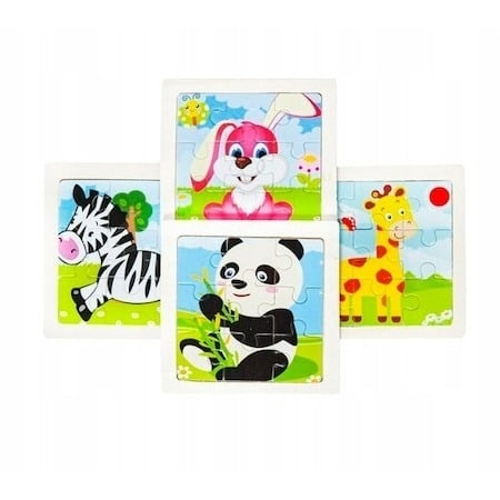 Puzzle educativ cu suport din lemn, set 4 modele animale, 11 x 11 cm, 9 piese fiecare, joc de logica si asociere pentru copii 3+ ani [9]