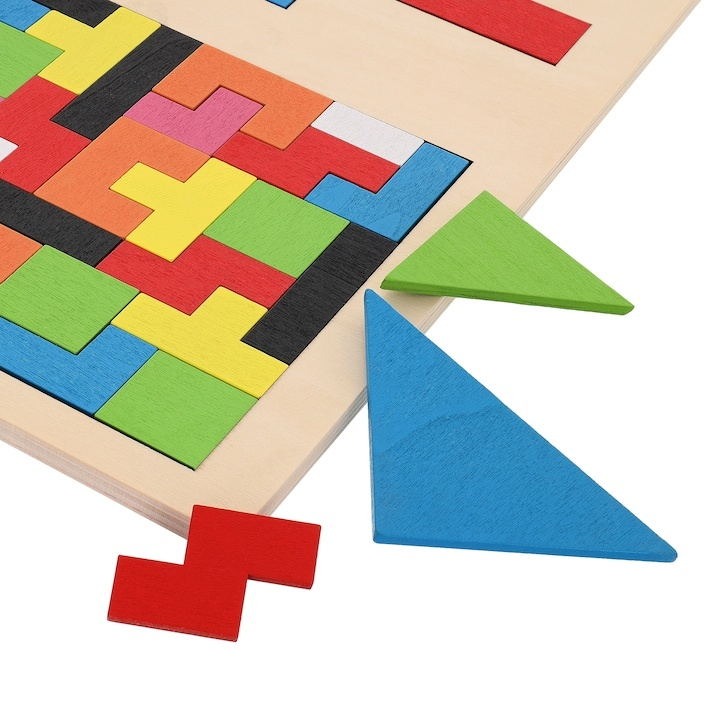 Puzzle Montessori multicolor 37 piese din lemn, 3D, joc educativ 3 in 1 pentru dezvoltarea logicii, creativitatii si coordonarii, 3 ani+ [8]
