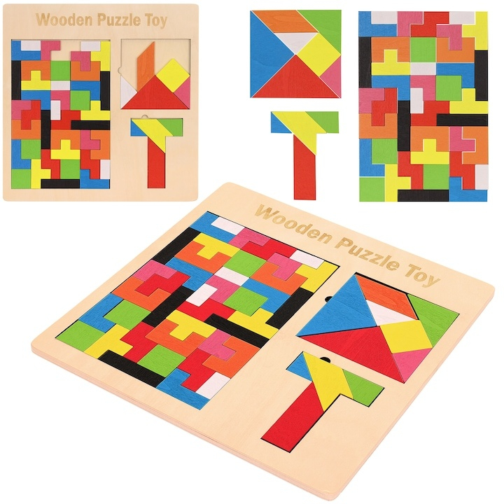Puzzle Montessori multicolor 37 piese din lemn, 3D, joc educativ 3 in 1 pentru dezvoltarea logicii, creativitatii si coordonarii, 3 ani+ [5]