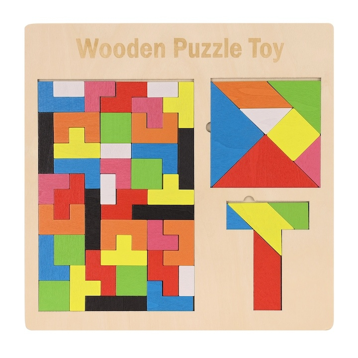 Puzzle Montessori multicolor 37 piese din lemn, 3D, joc educativ 3 in 1 pentru dezvoltarea logicii, creativitatii si coordonarii, 3 ani+ [1]