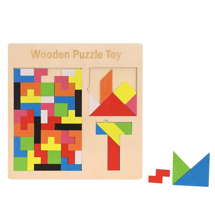 Puzzle Montessori multicolor 37 piese din lemn, 3D, joc educativ 3 in 1 pentru dezvoltarea logicii, creativitatii si coordonarii, 3 ani+ [7]