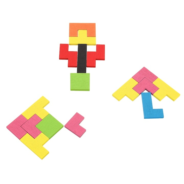 Puzzle Montessori multicolor 37 piese din lemn, 3D, joc educativ 3 in 1 pentru dezvoltarea logicii, creativitatii si coordonarii, 3 ani+ [3]