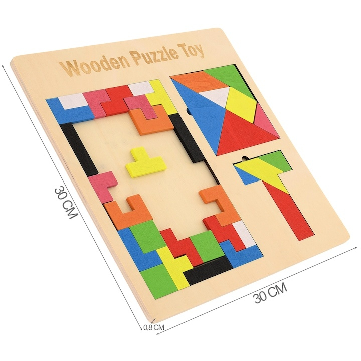 Puzzle Montessori multicolor 37 piese din lemn, 3D, joc educativ 3 in 1 pentru dezvoltarea logicii, creativitatii si coordonarii, 3 ani+ [9]