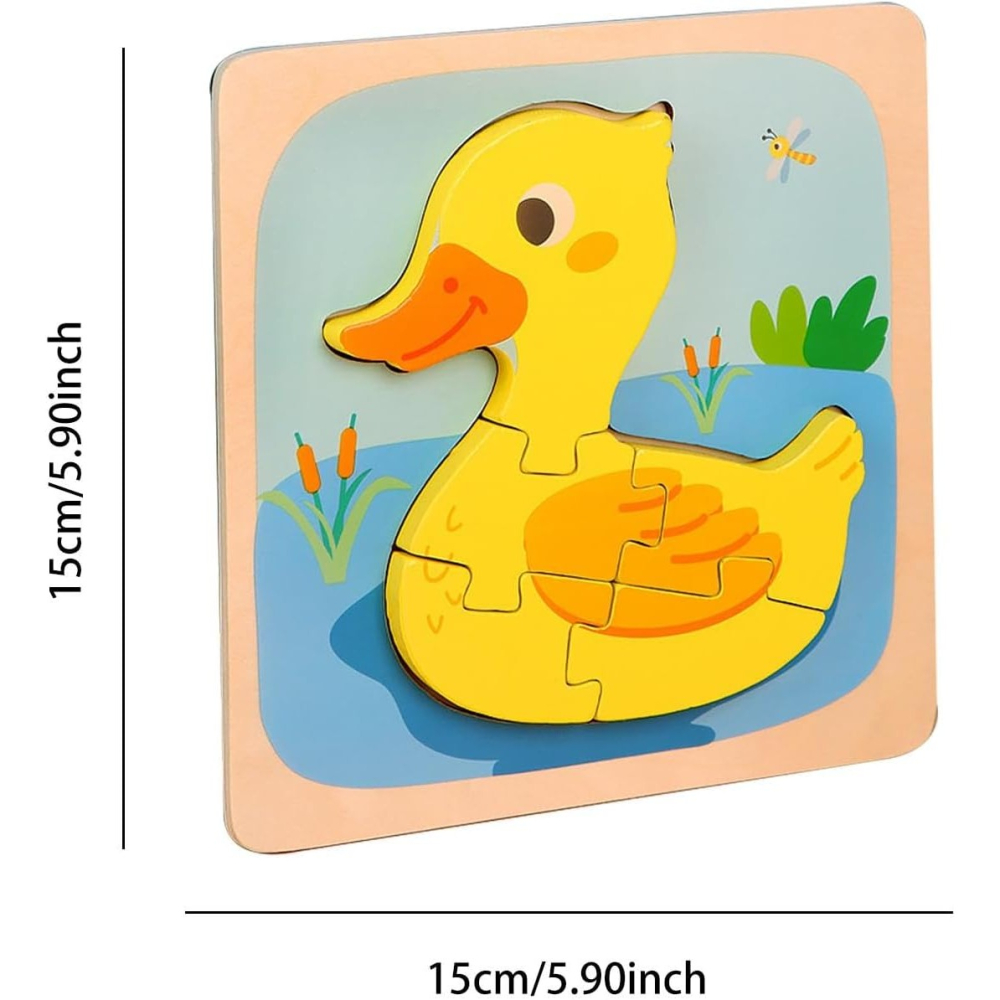 Puzzle multicolor 15 x 15 x 0,5 cm din lemn pentru copii, ratusca galbena cu 5 piese [2]