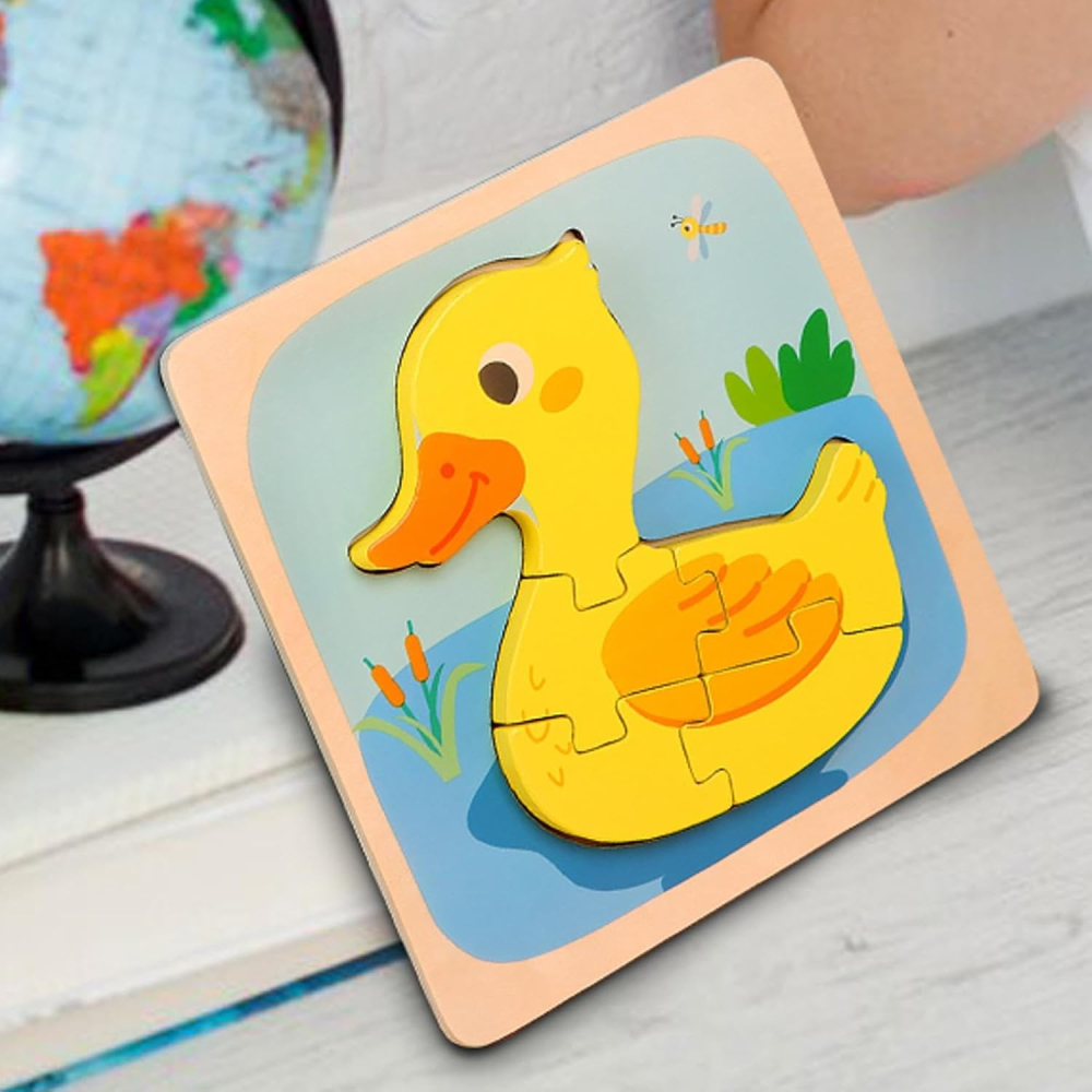 Puzzle multicolor 15 x 15 x 0,5 cm din lemn pentru copii, ratusca galbena cu 5 piese [5]