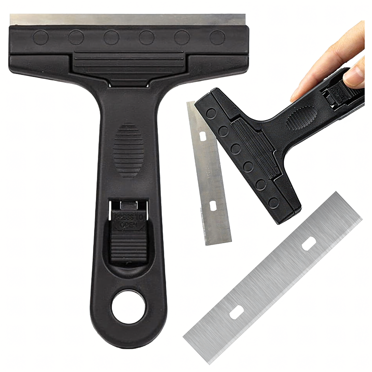 Racleta neagra 13,9 x 10,1 x 2,6 cm, lama metalica retractabila, maner ergonomic, pentru geamuri, plite vitroceramice, adeziv si reziduuri [4]