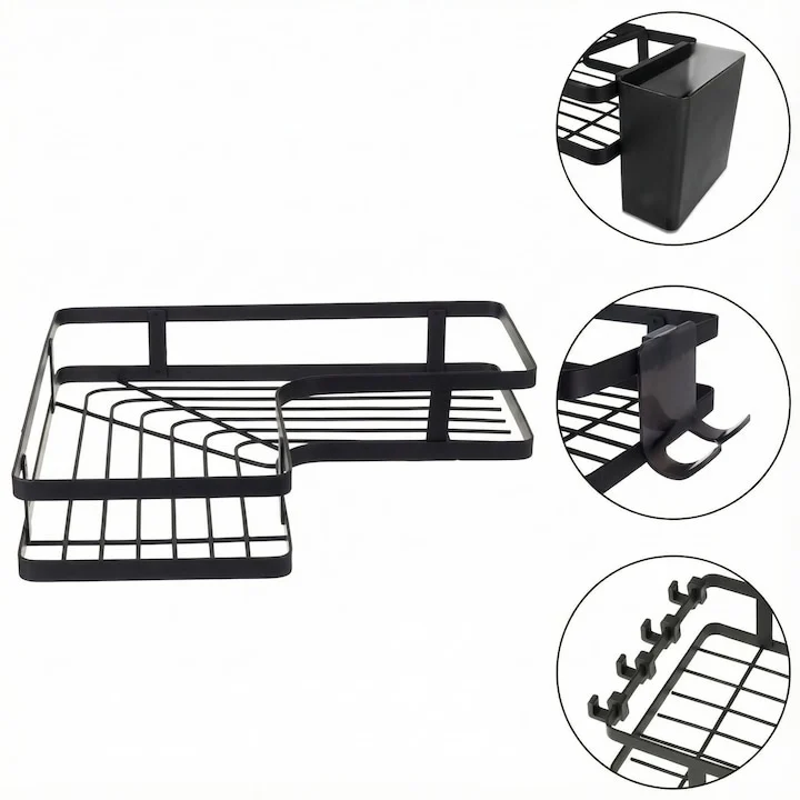 Raft de colt autoadeziv pentru baie si bucatarie, organizator metalic cu suport pentru accesorii si carlige, 24.8 x 24.8 x 5 cm, negru [3]