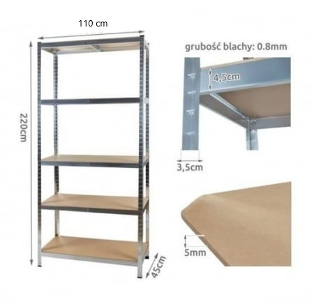 Raft de depozitare metalic, 220x110x45 cm, sarcina maxima 1000kg, 5 nivele, cadru otel zincat [2]