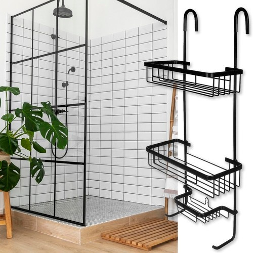 Raft suspendat negru 63 x 28,5 x 14 cm, 3 polite, aluminiu, fara gaurire, organizator pentru cabina de dus cu ventuza de stabilizare [8]