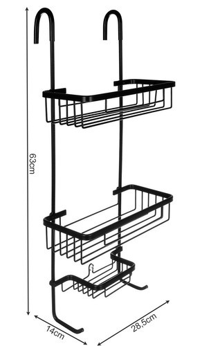 Raft suspendat negru 63 x 28,5 x 14 cm, 3 polite, aluminiu, fara gaurire, organizator pentru cabina de dus cu ventuza de stabilizare [2]