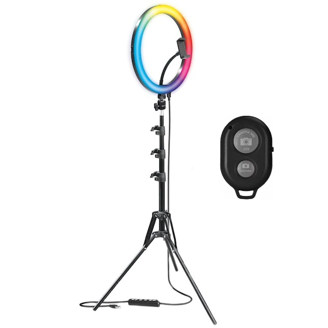 Lampa circulara LED 26 cm diametru,RGB, trepied reglabil 160 cm, telecomanda bluetooth inclusa