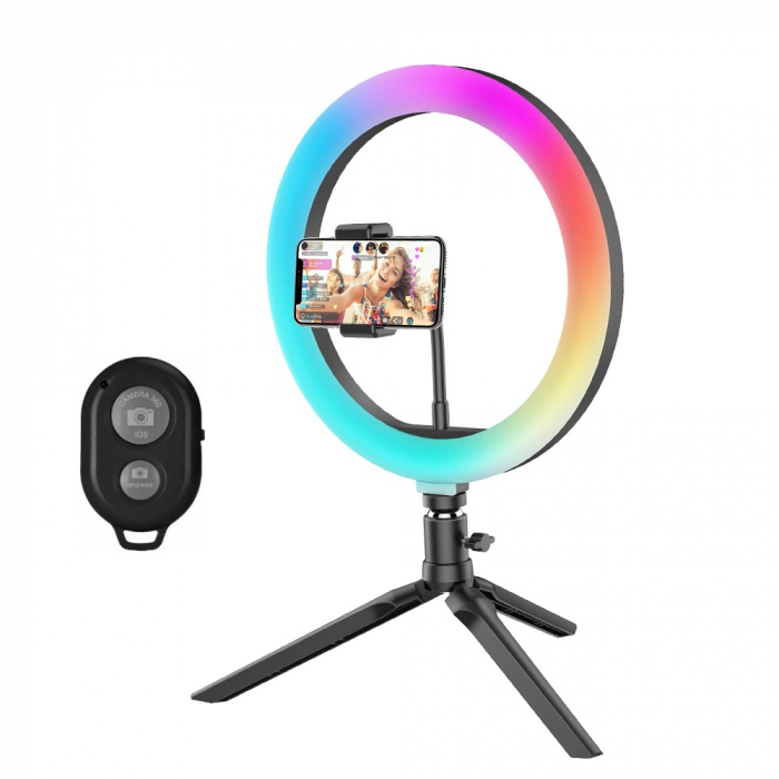 Lampa circulara LED 26 cm diametru,RGB, mini trepied, telecomanda bluetooth inclusa