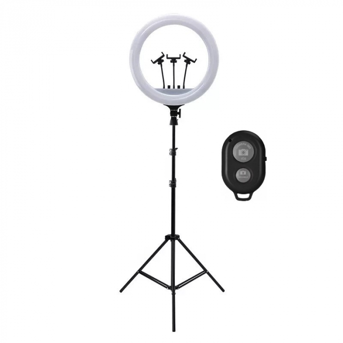 Lampa circulara LED 56  cm diametru,trepied 200 cm inclus,3 suporti  telefon + telecomanda Bluetooth