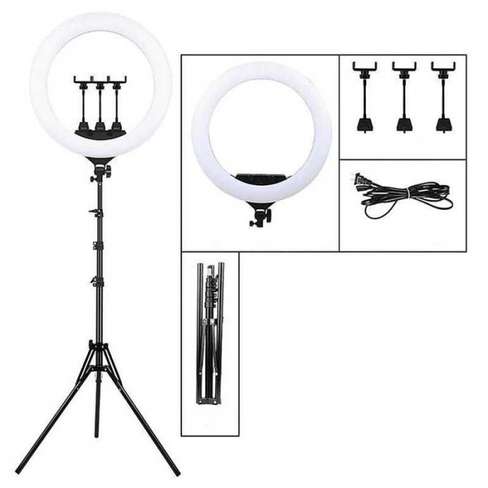 Lampa circulara LED 56 cm diametru,trepied 200 cm inclus,3 suporti telefon + telecomanda Bluetooth [5]