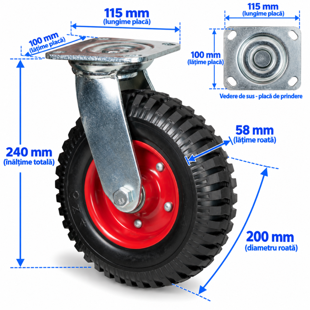 Roata pivotanta 200 mm, 235 kg, latime 58 mm, placa 115 x 100 mm, rulment dublu cu bile [5]