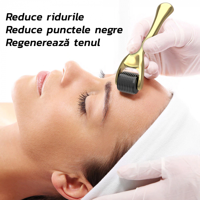 Rola Dermatologica 3 in 1 - Capete Detasabile, Masaj Facial, Regenerarea Pielii, 0,25/0,5/1,5 mm, Ace Titan, Auriu [3]