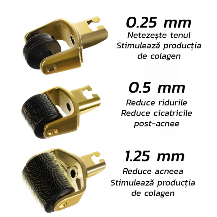 Rola Dermatologica 3 in 1 - Capete Detasabile, Masaj Facial, Regenerarea Pielii, 0,25/0,5/1,5 mm, Ace Titan, Auriu [4]