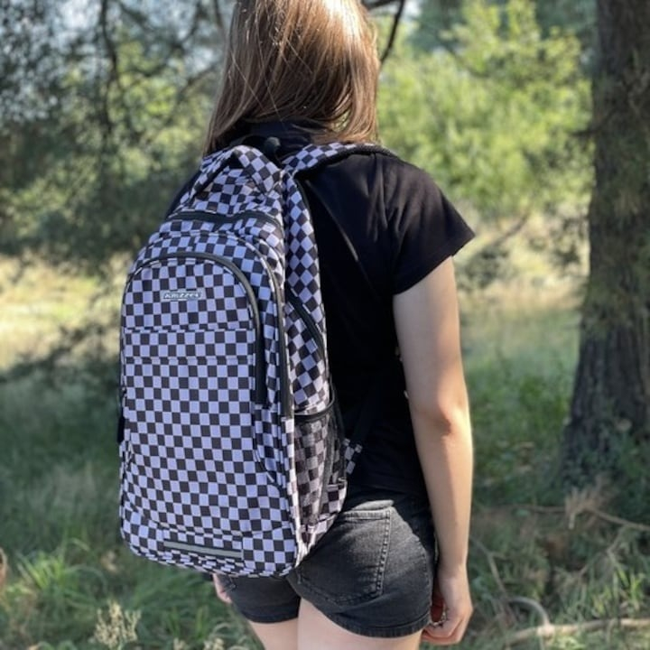 Ghiozdan rucsac cu model in carouri, 22l, negru, cu sac pentru incaltaminte [7]